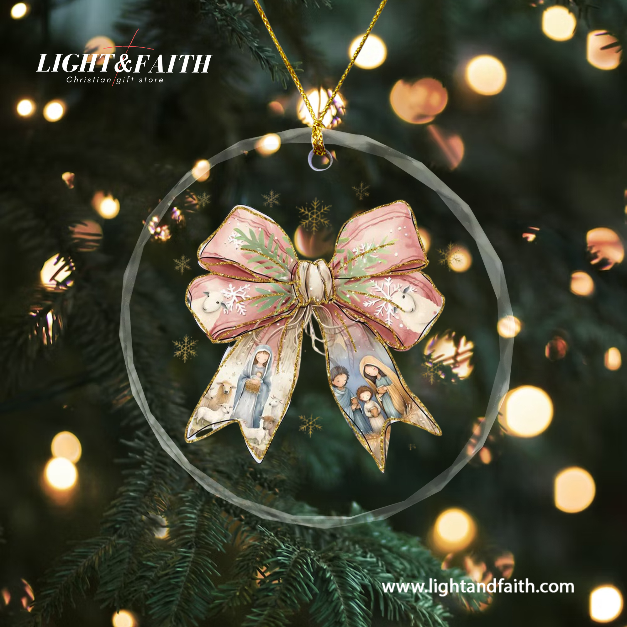 Nativity Bow Glass Ornament, Holy Family Christmas Decoration, Virgin Mary and Baby Jesus Ornament, Christian Faith Gift, Religious Tree Decor DCLAF52